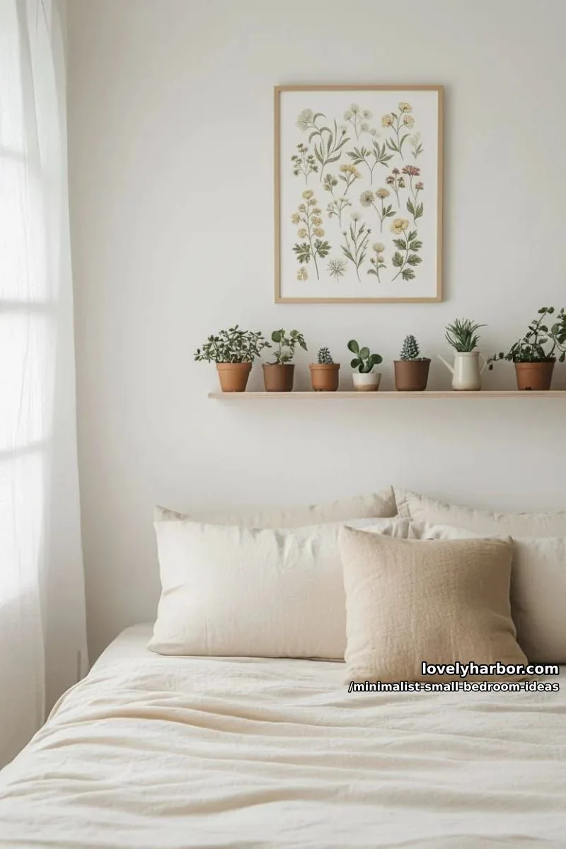 single floating shelf above bed displaying tiny potted plants 1