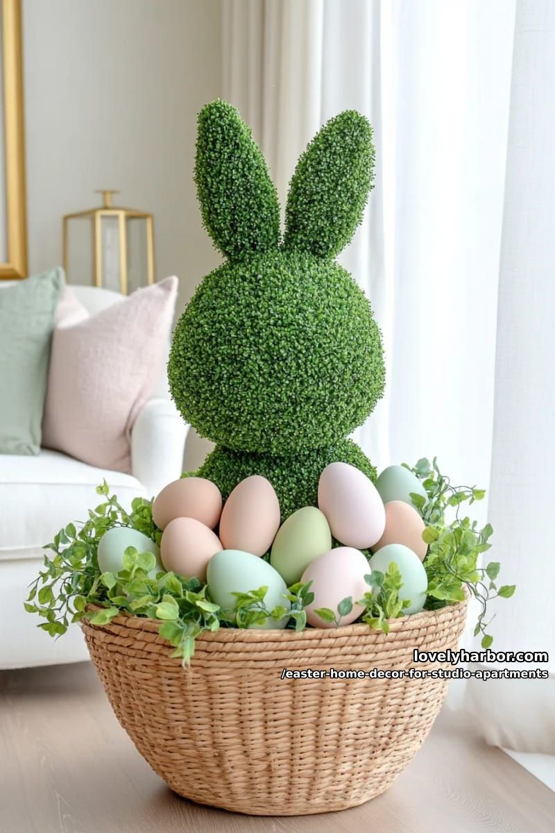 single large bunny topiary in a woven basket planter for corners 1