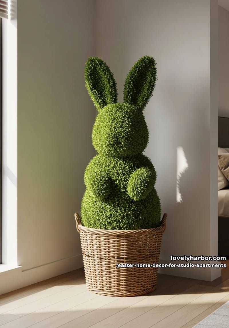 single large bunny topiary in a woven basket planter for corners 1