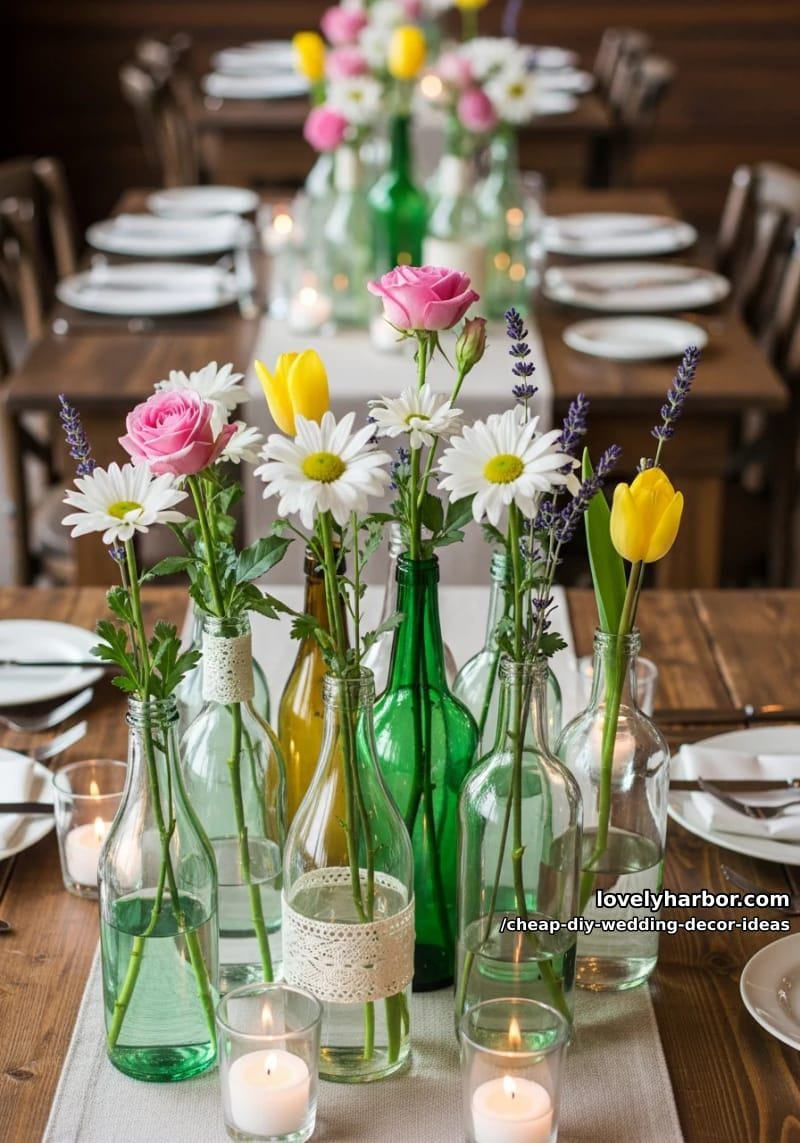 single stem flowers in mismatched bottles clustered on guest tables 1