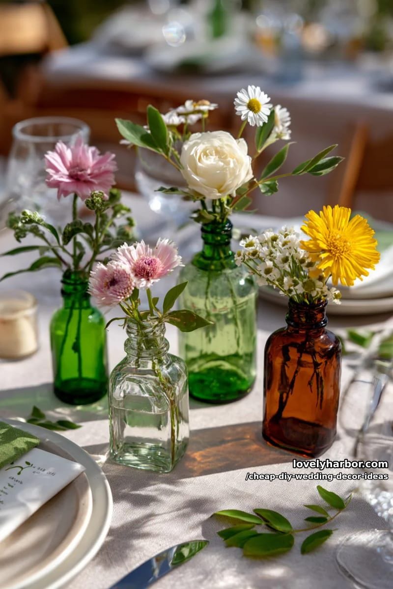 single stem flowers in mismatched bottles clustered on guest tables 1