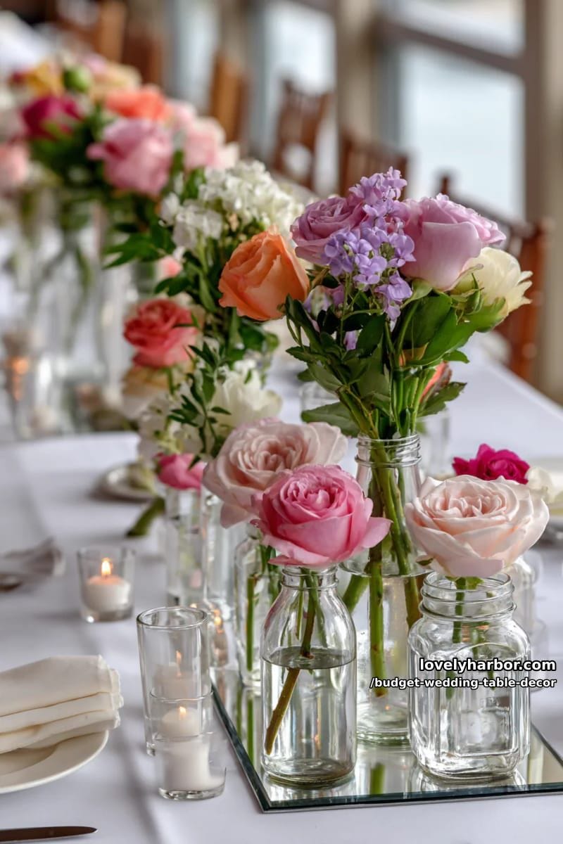 single stem roses in assorted glass jars on mirrored tiles for romantic sparkle 1