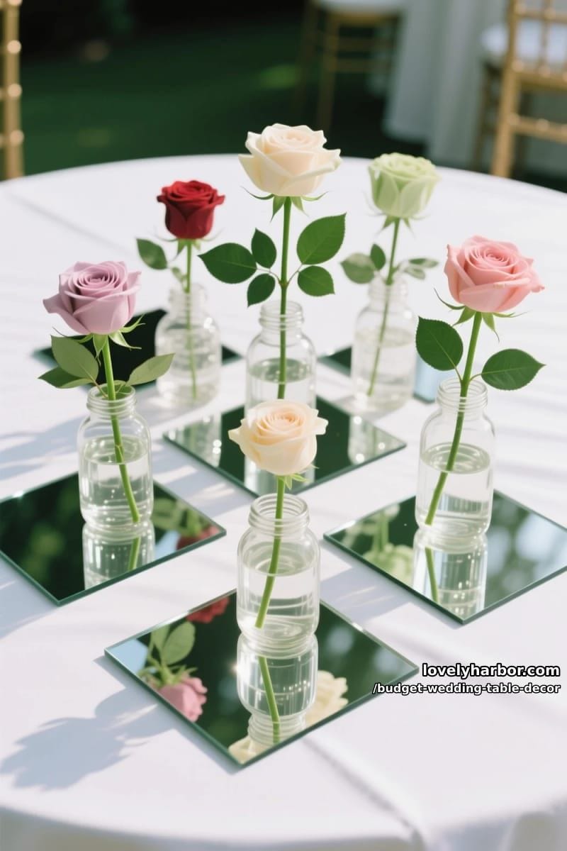 single stem roses in assorted glass jars on mirrored tiles for romantic sparkle 1