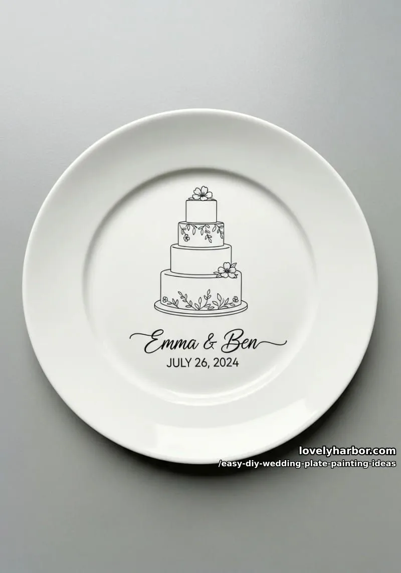 sketched wedding cake with names and date beneath in cursive 1