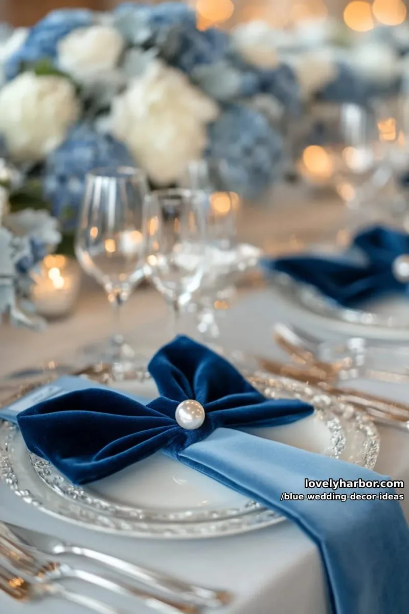 sky blue linen napkins tied with velvet navy ribbons and pearl pins 1