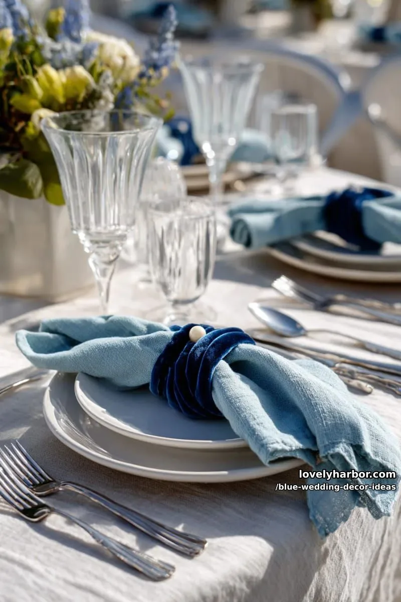 sky blue linen napkins tied with velvet navy ribbons and pearl pins 1