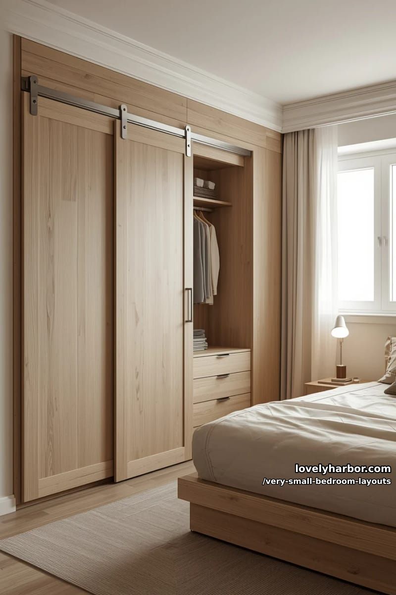 sliding barn door wardrobe and a bed with geometric, space-saving layout. 1