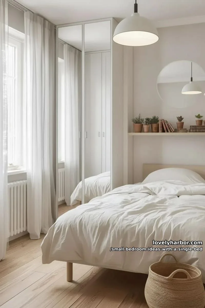 slim vertical wardrobe beside bed, using mirrors to visually expand the space. 1