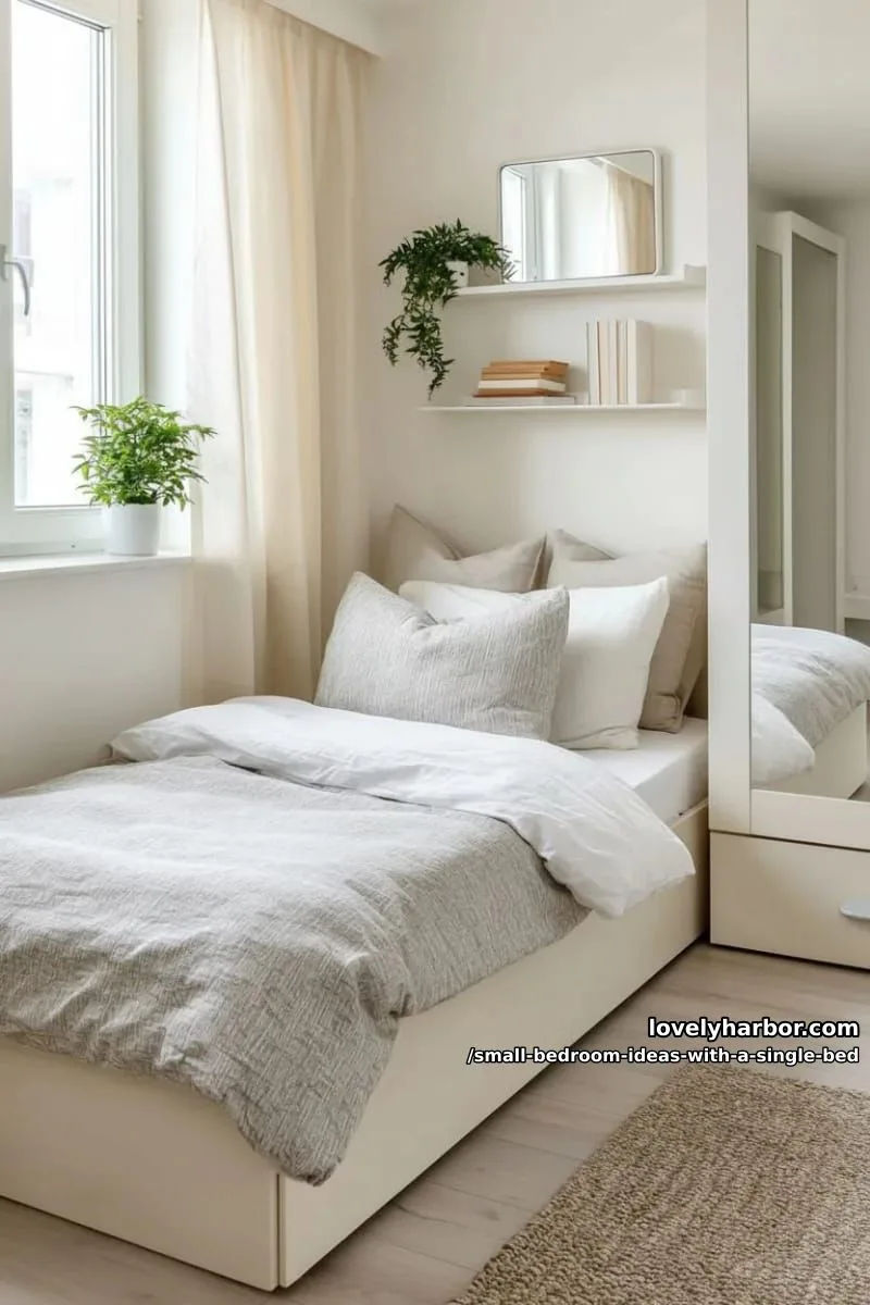 slim vertical wardrobe beside bed, using mirrors to visually expand the space. 1