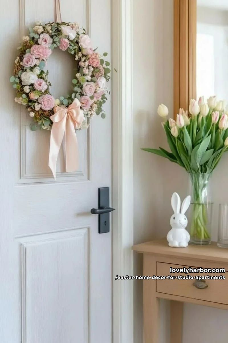 small easter wreath with pink florals hung on an interior door 1