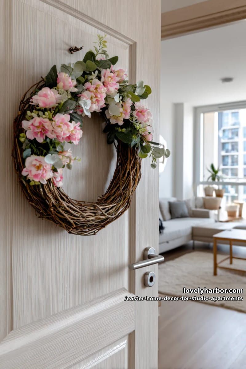 small easter wreath with pink florals hung on an interior door 1