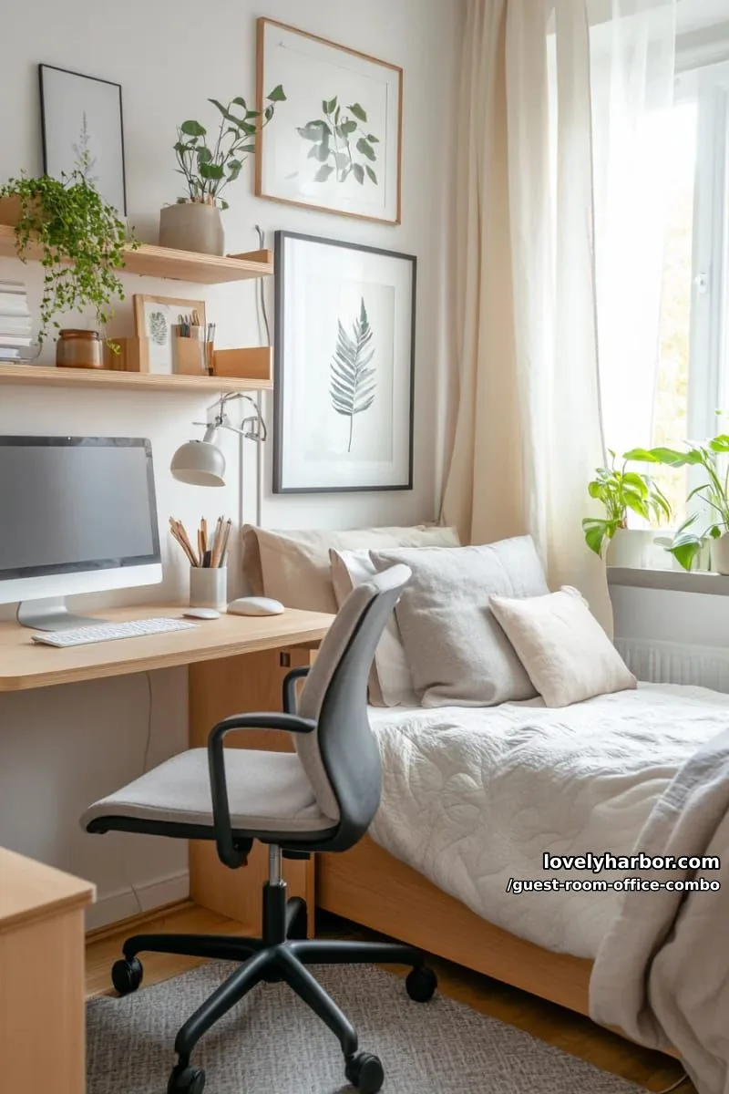 small minimalist bedroom with desk, floating shelves, and lush plants. 1