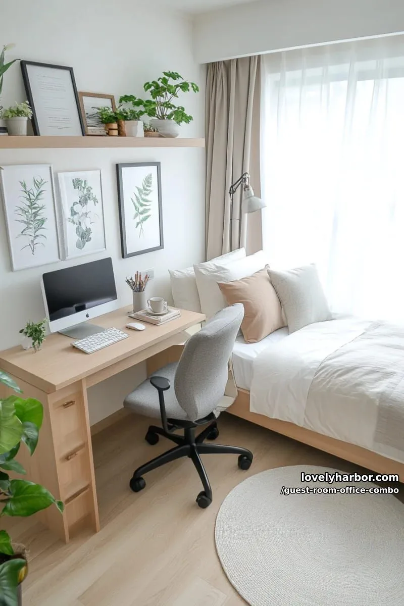 small minimalist bedroom with desk, floating shelves, and lush plants. 1