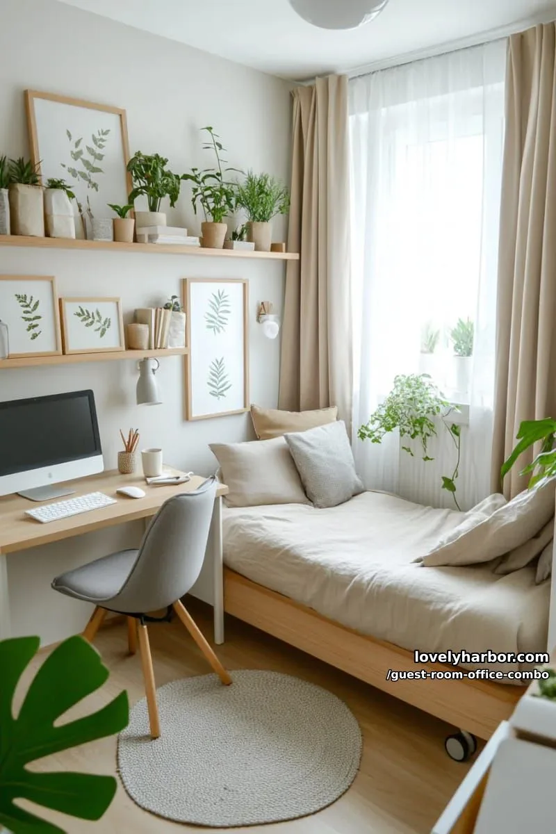 small minimalist bedroom with desk, floating shelves, and lush plants. 1