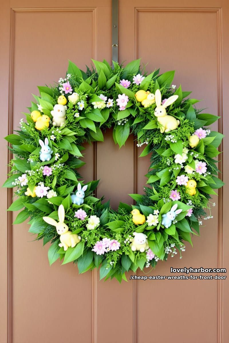 small plastic animal figurines nestled among faux greenery 1