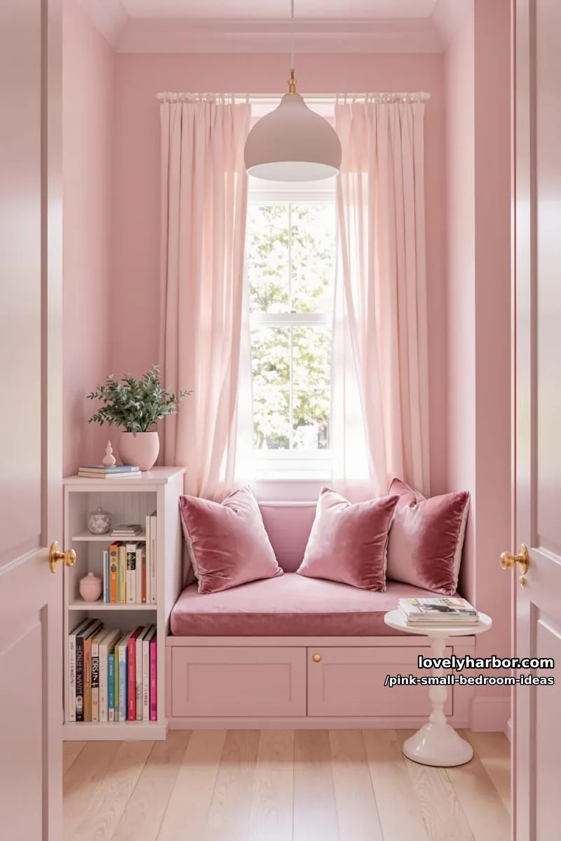 21 Pink Small Bedrooms Ideas You'll Love 53 small reading nook with rose velvet cushions and a mini white bookshelf 1