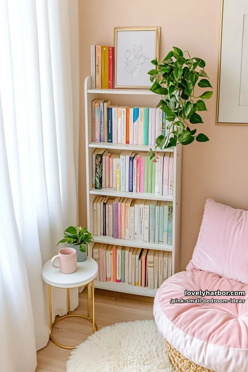 21 Pink Small Bedrooms Ideas You'll Love 54 small reading nook with rose velvet cushions and a mini white bookshelf 1