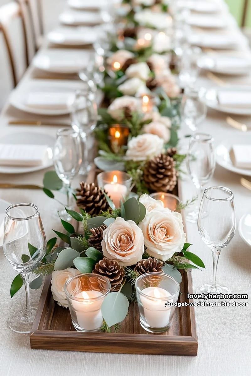 small wooden trays with pine cones, votives, and cream flowers for cozy vibes 1