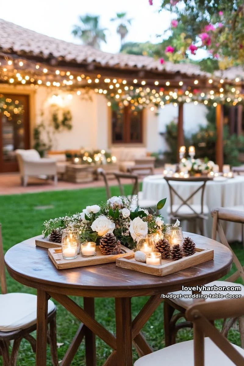 small wooden trays with pine cones, votives, and cream flowers for cozy vibes 1