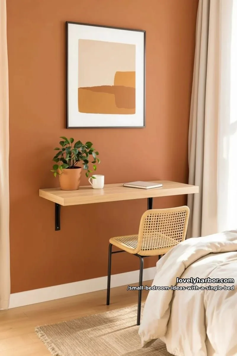 small workspace with a floating desk at the bed’s foot, earthy tones. 1