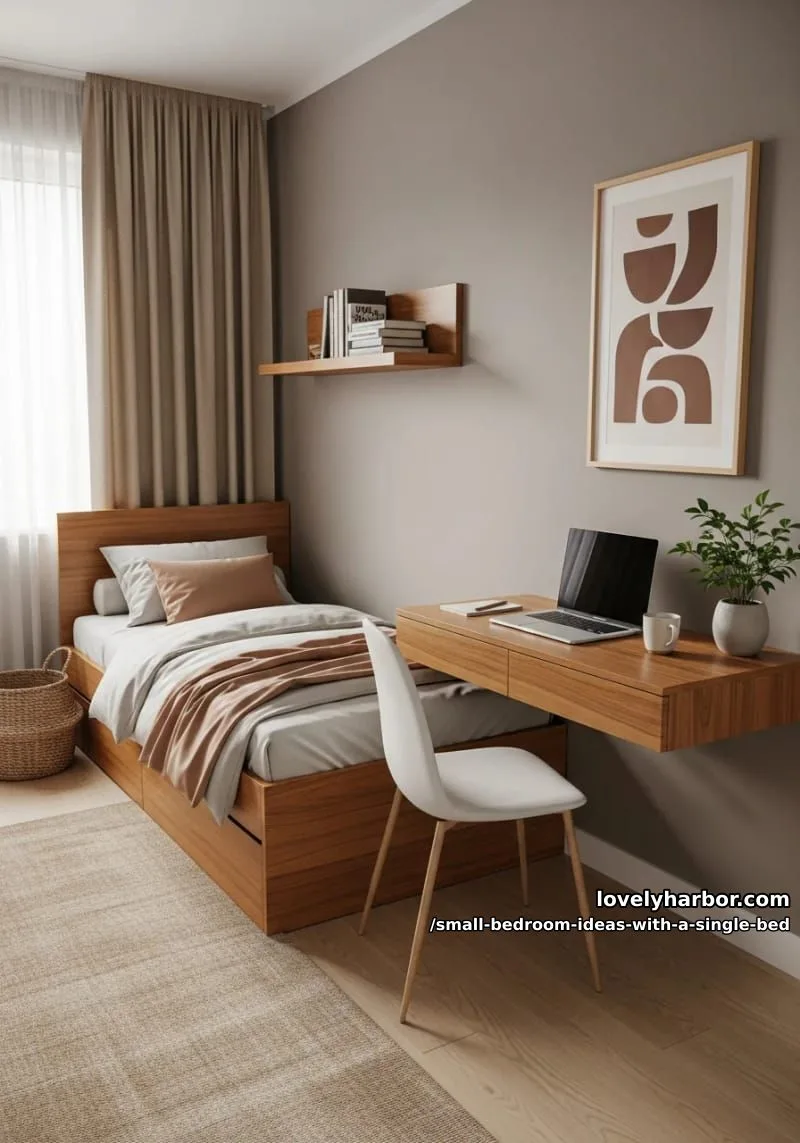 small workspace with a floating desk at the bed’s foot, earthy tones. 1