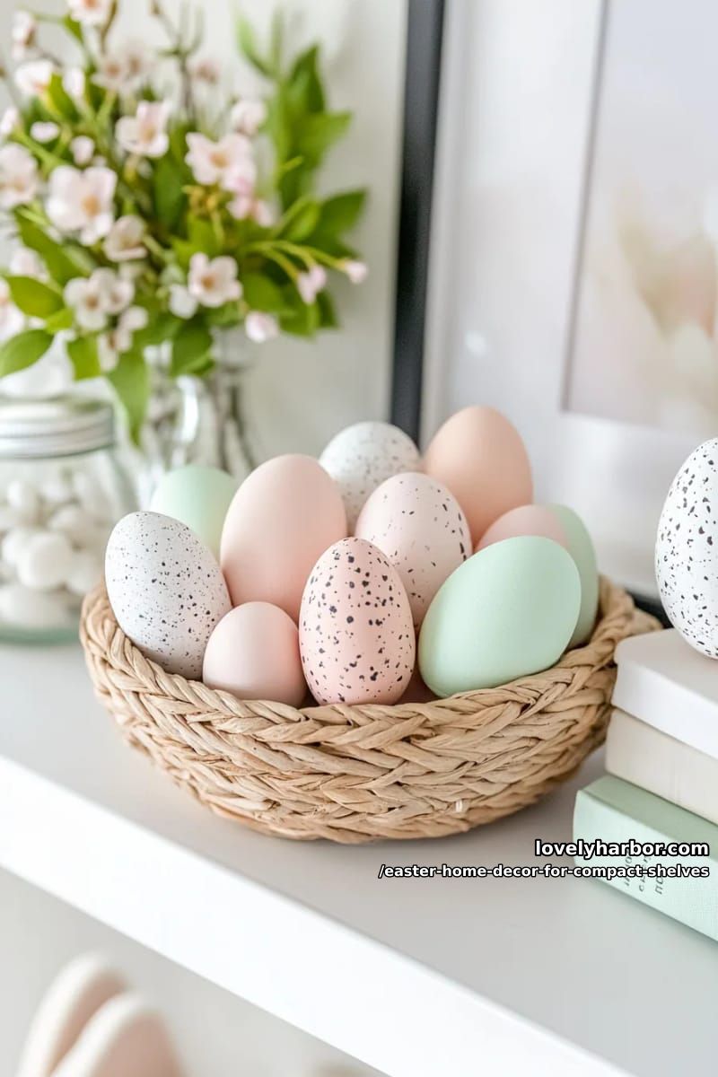 small woven basket with pastel eggs 1