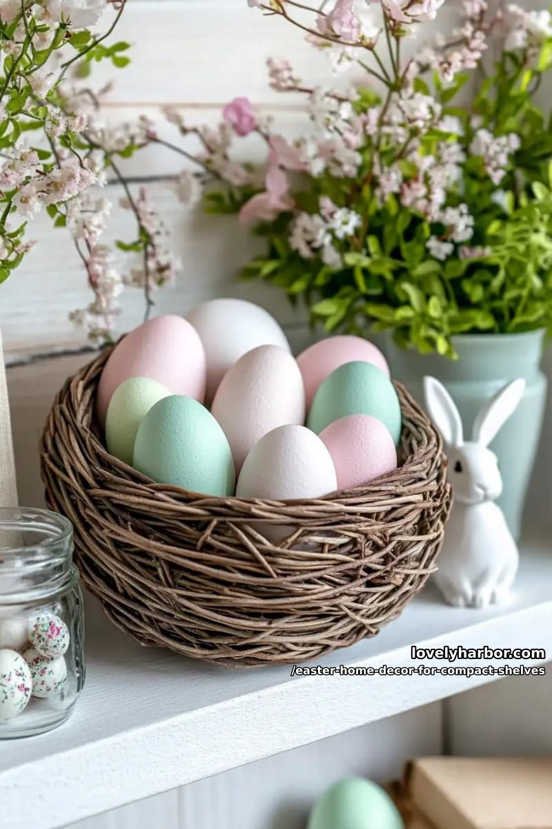 small woven basket with pastel eggs 1