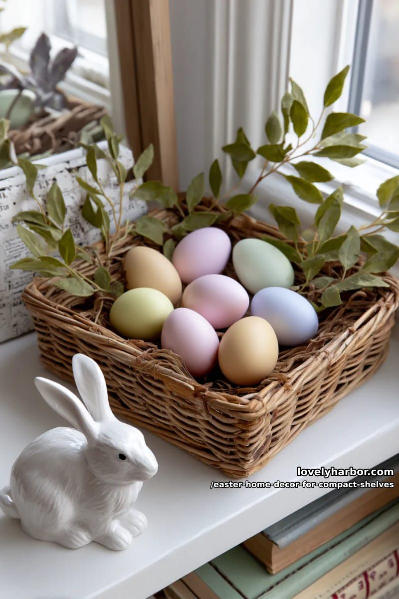 small woven basket with pastel eggs 1