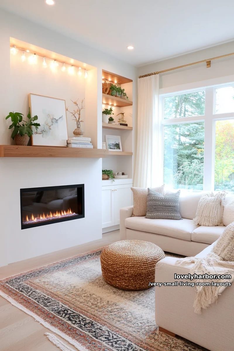 sofa facing a petite electric fireplace surrounded by soft lighting 1