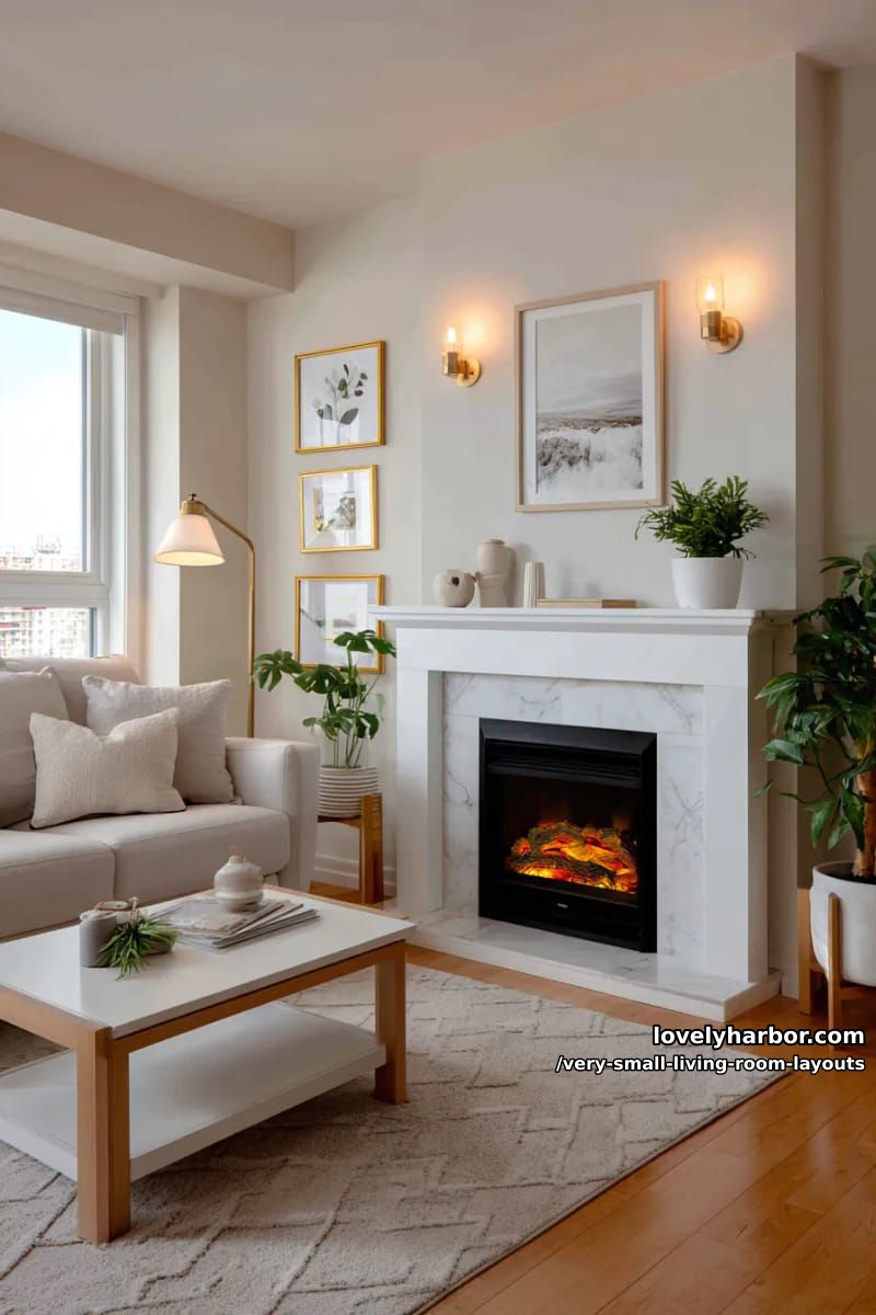 sofa facing a petite electric fireplace surrounded by soft lighting 1