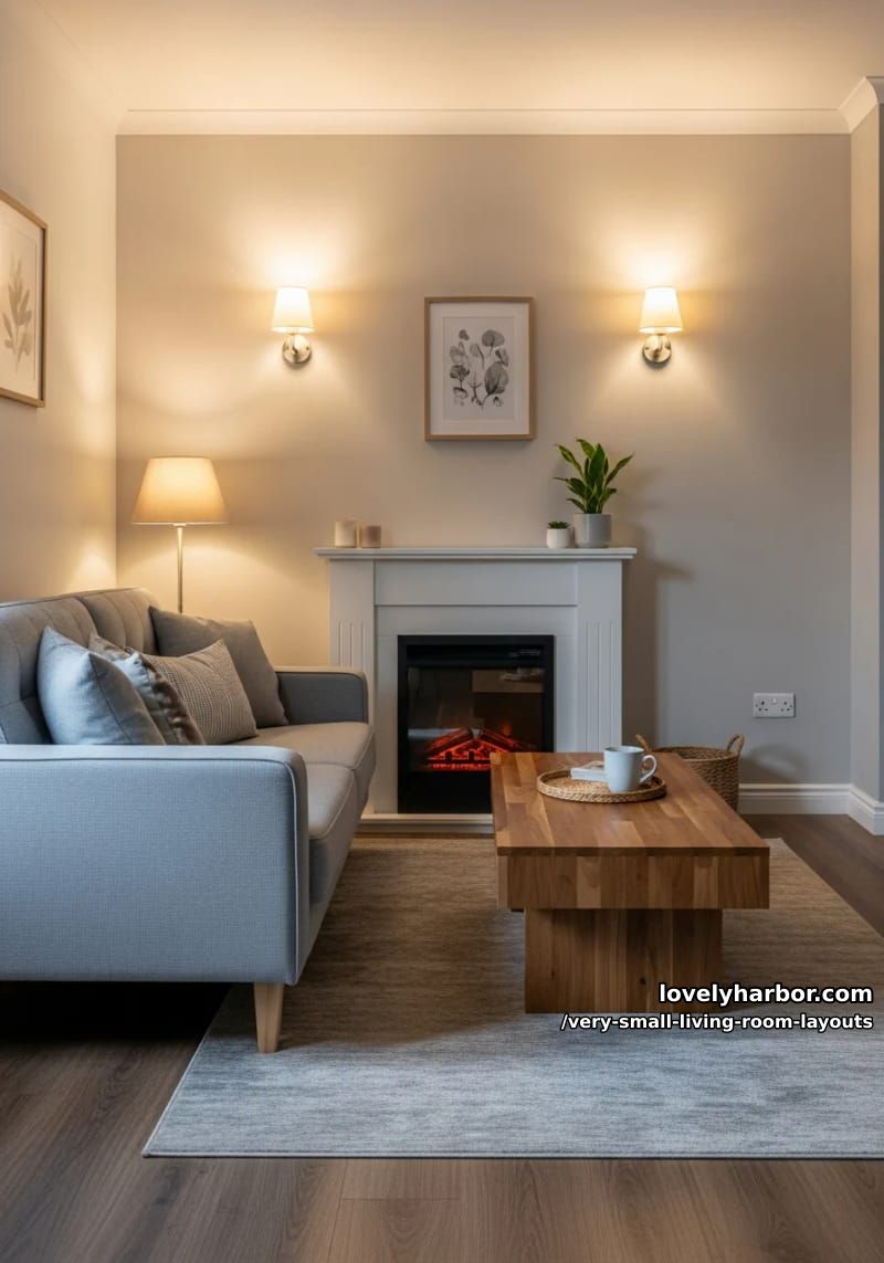 sofa facing a petite electric fireplace surrounded by soft lighting 1