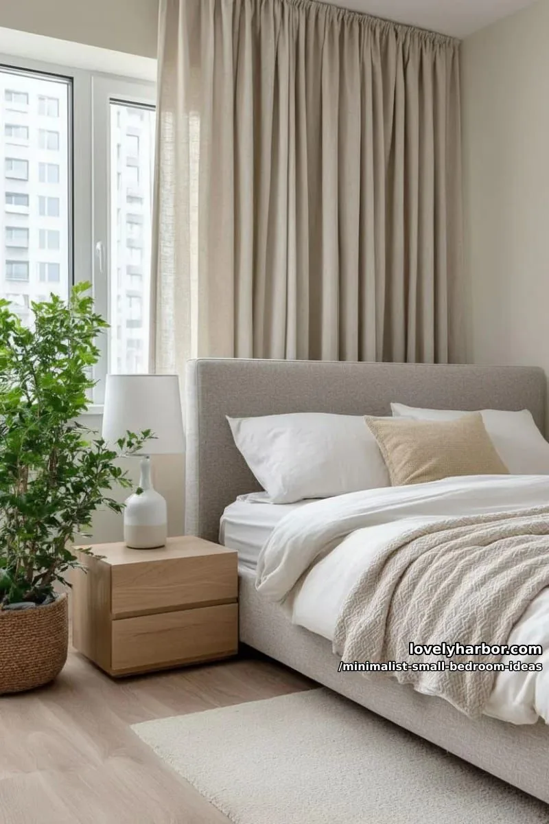 soft beige walls, linen curtains, and a low-profile upholstered bed 1
