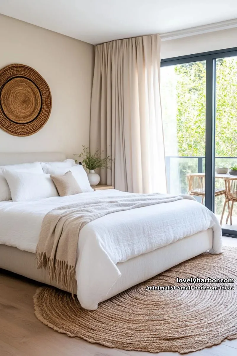 soft beige walls, linen curtains, and a low-profile upholstered bed 1