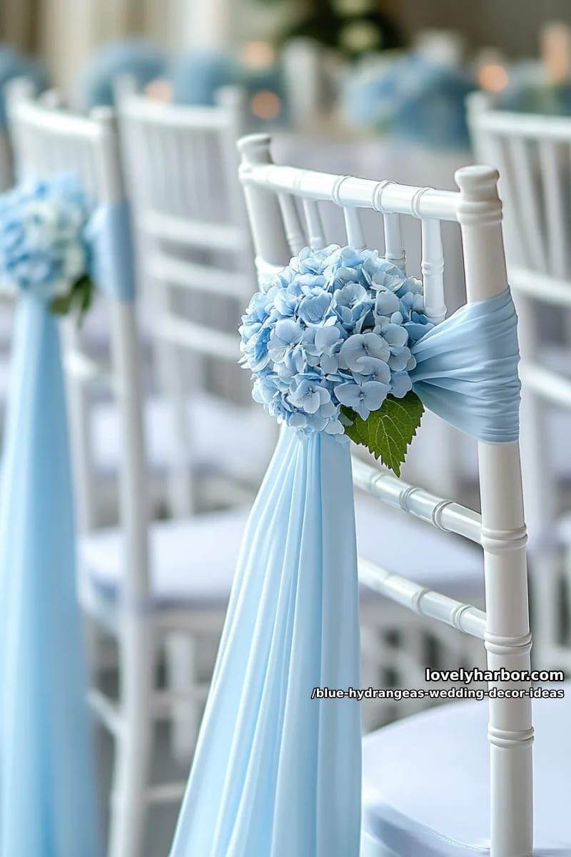 soft blue chiffon chair sashes topped with hydrangea blooms 1