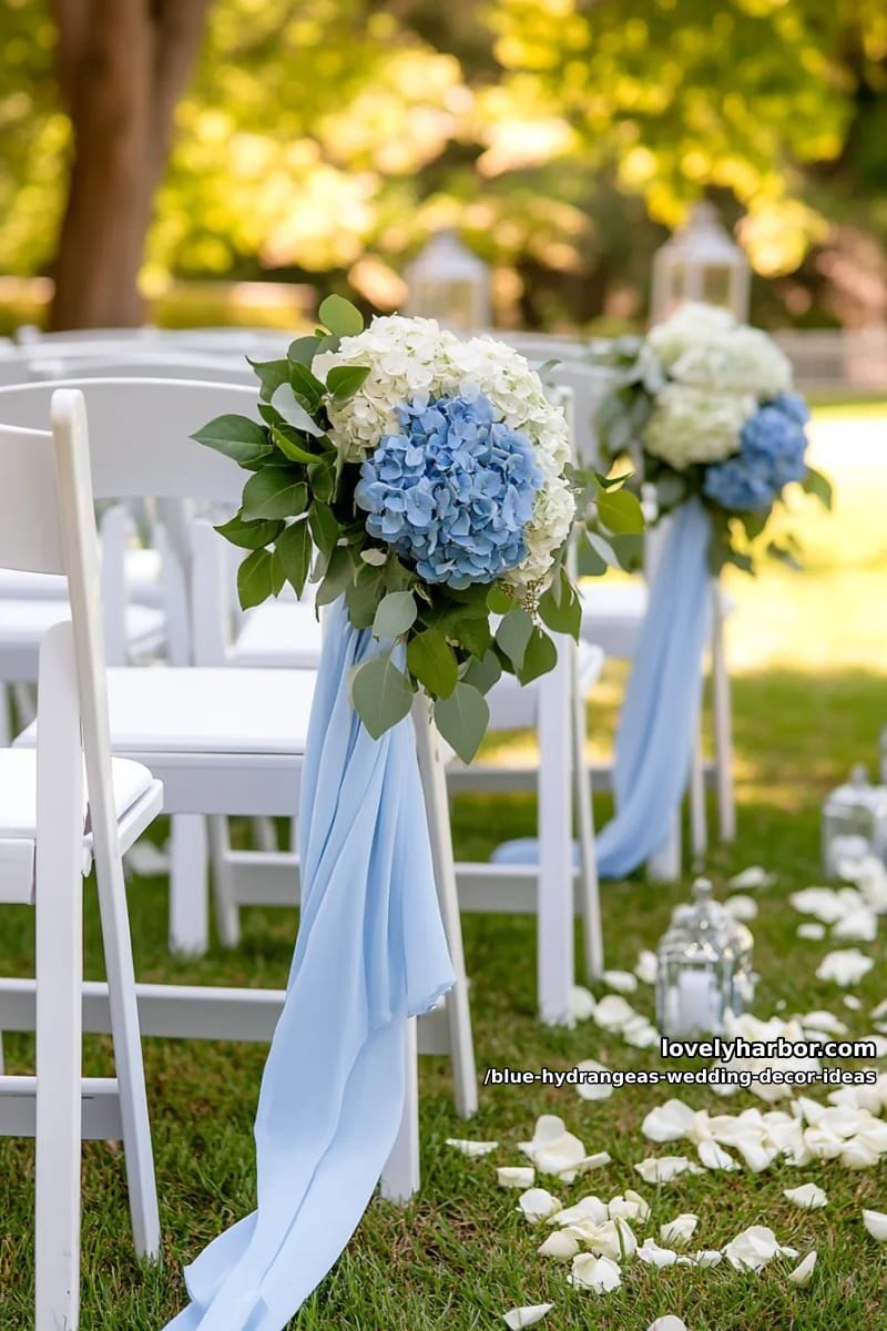 soft blue chiffon chair sashes topped with hydrangea blooms 1