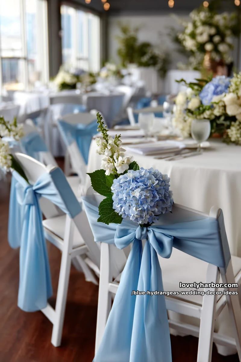 soft blue chiffon chair sashes topped with hydrangea blooms 1