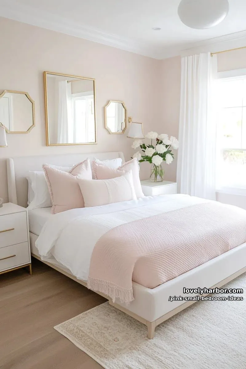 21 Pink Small Bedrooms Ideas You'll Love 2 soft blush wall paint paired with minimalist gold-framed mirrors 1
