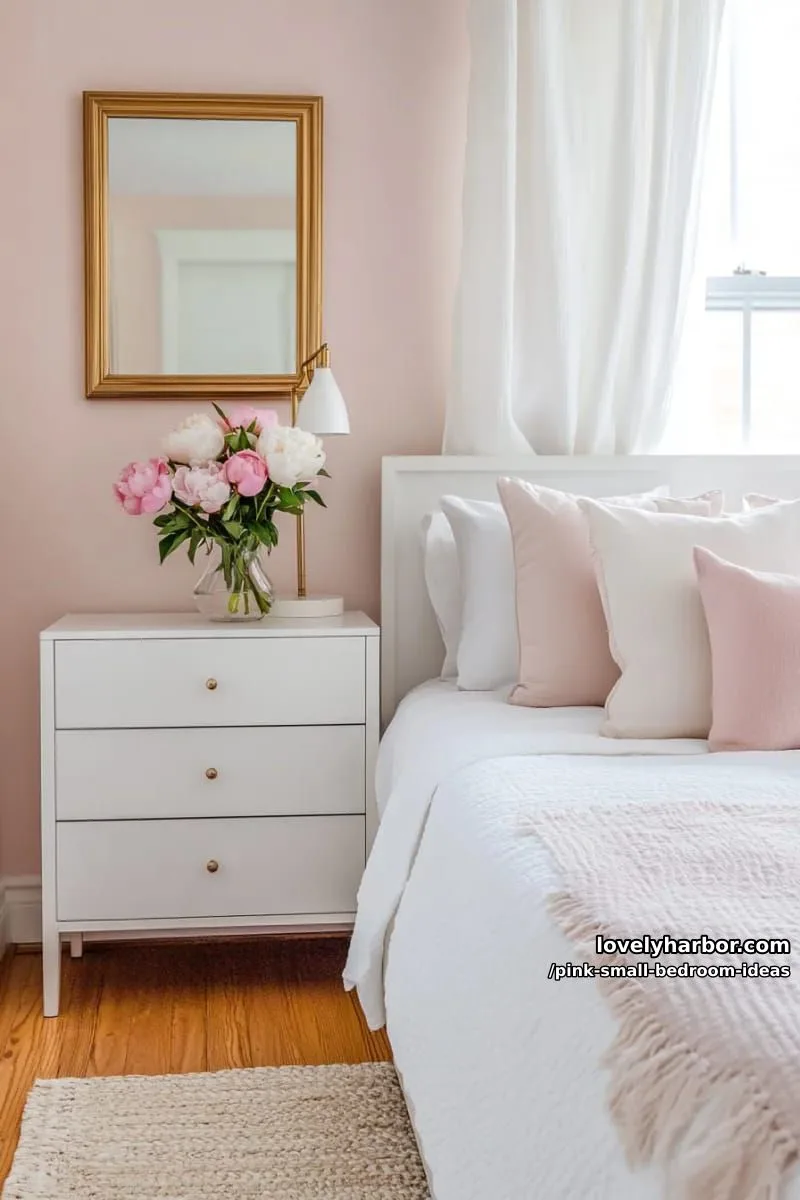 21 Pink Small Bedrooms Ideas You'll Love 3 soft blush wall paint paired with minimalist gold-framed mirrors 1
