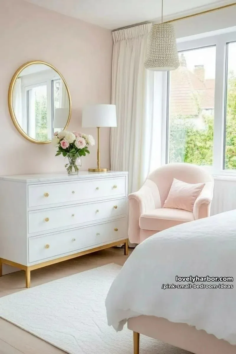 21 Pink Small Bedrooms Ideas You'll Love 4 soft blush wall paint paired with minimalist gold-framed mirrors 1