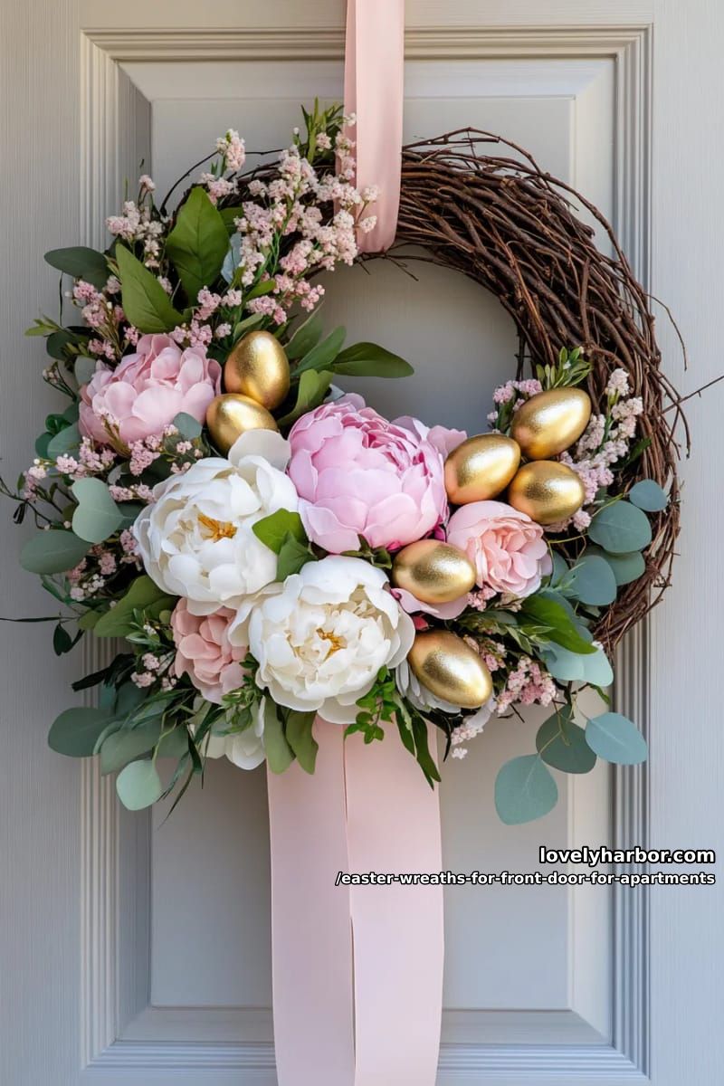 soft blush wreath with silk peonies, roses, and mini golden eggs 1