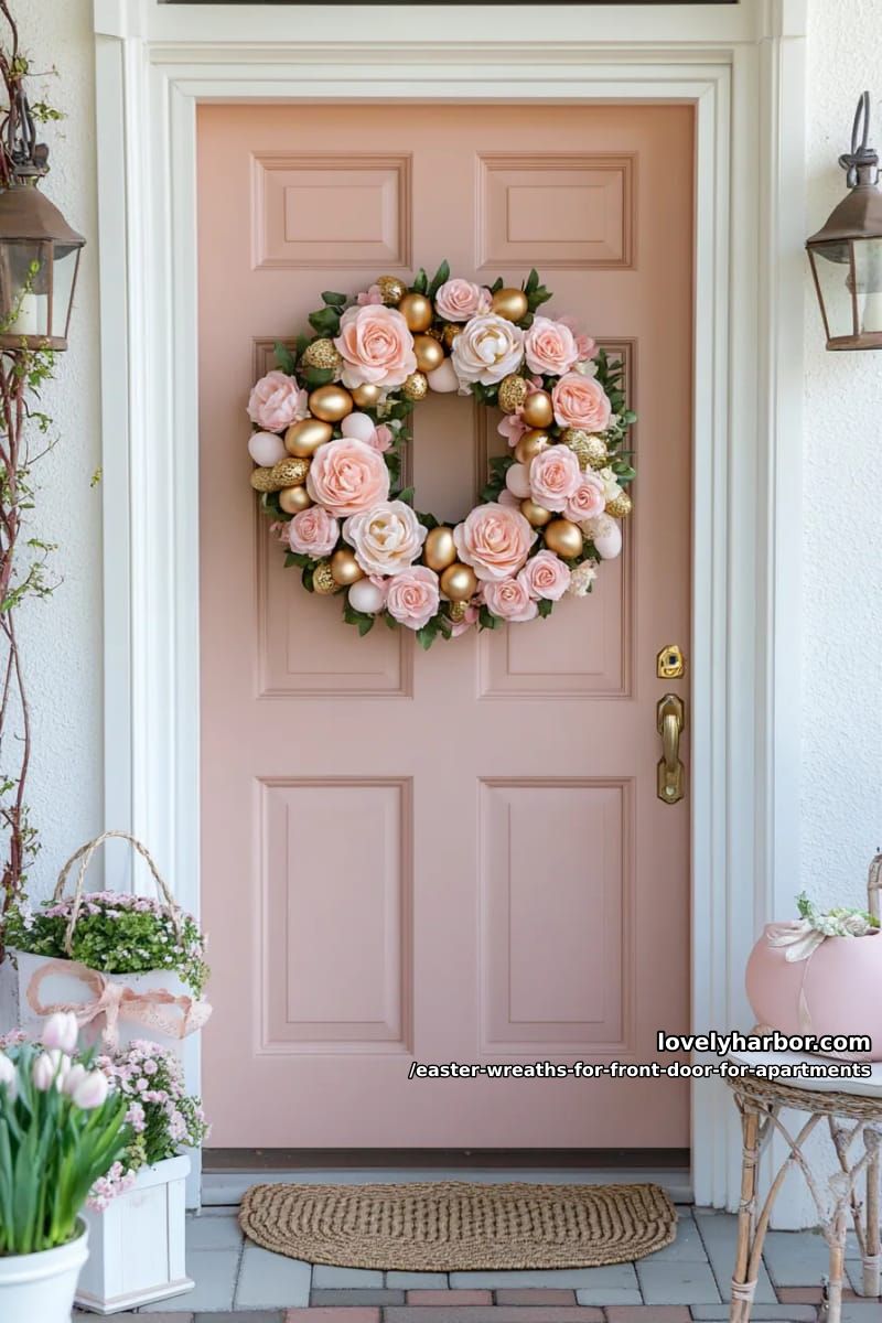 soft blush wreath with silk peonies, roses, and mini golden eggs 1