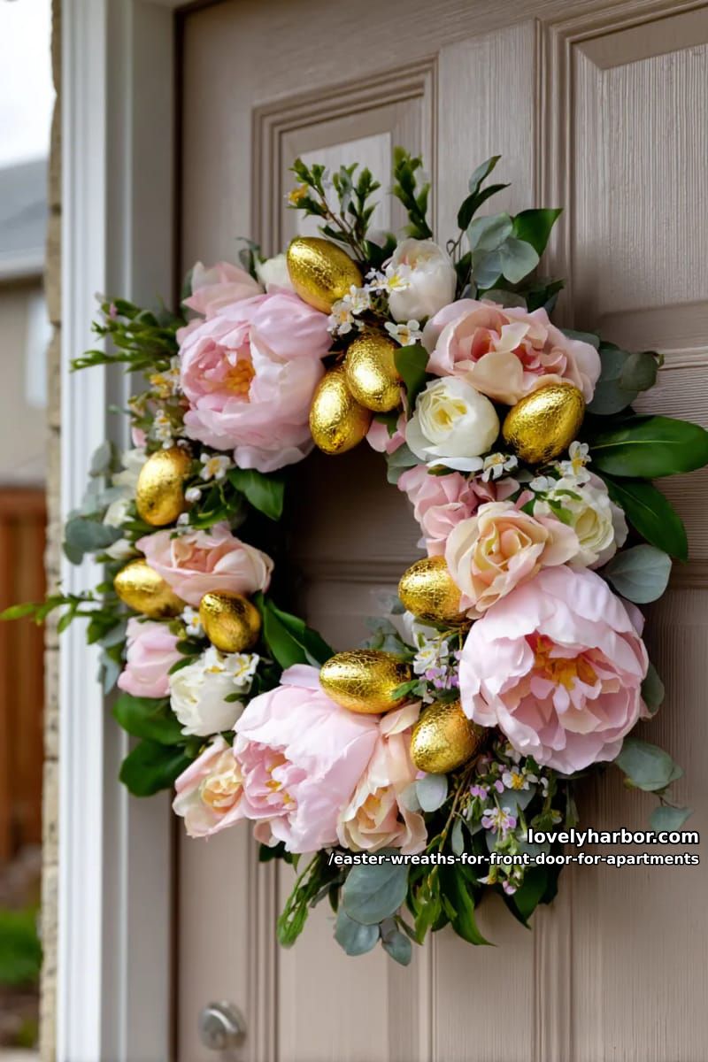 soft blush wreath with silk peonies, roses, and mini golden eggs 1