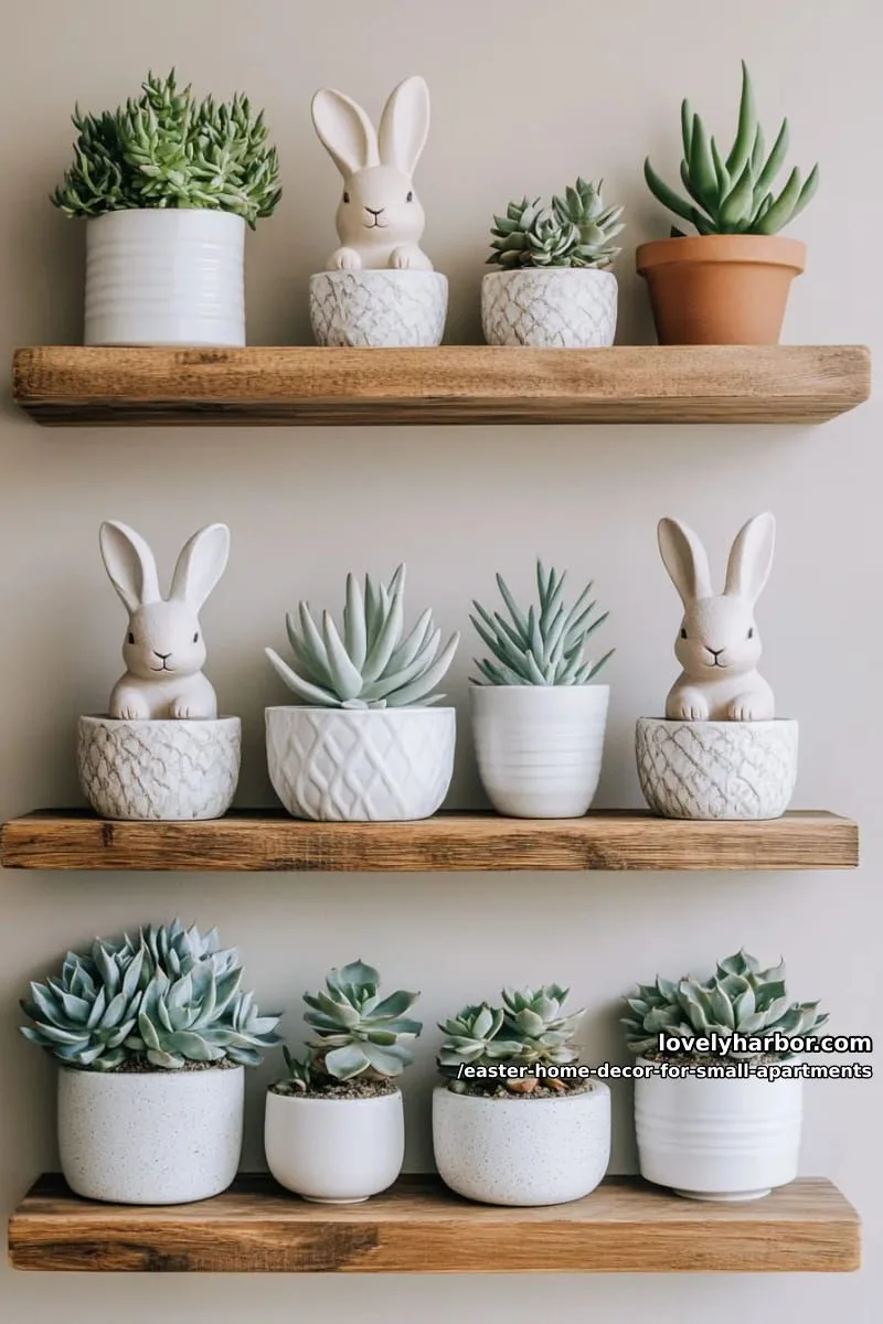 soft neutral bunny figurines nestled among succulents on floating shelves 1