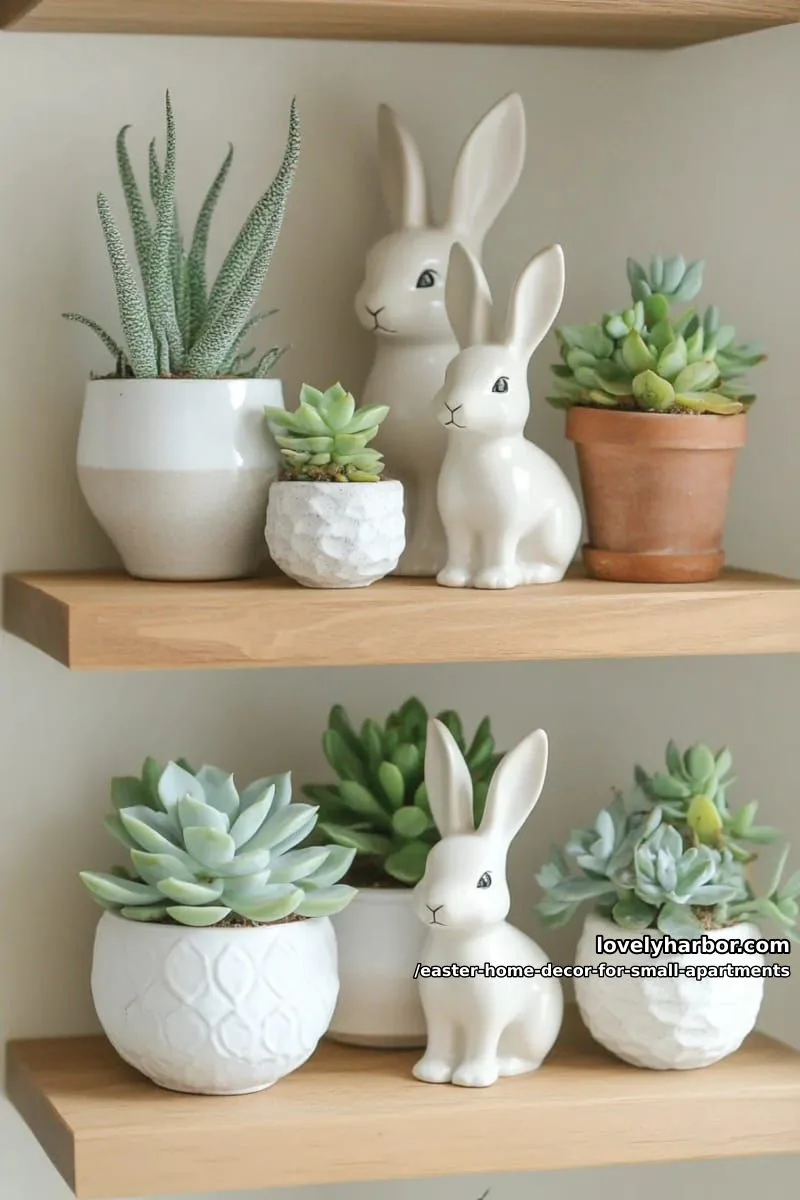 soft neutral bunny figurines nestled among succulents on floating shelves 1