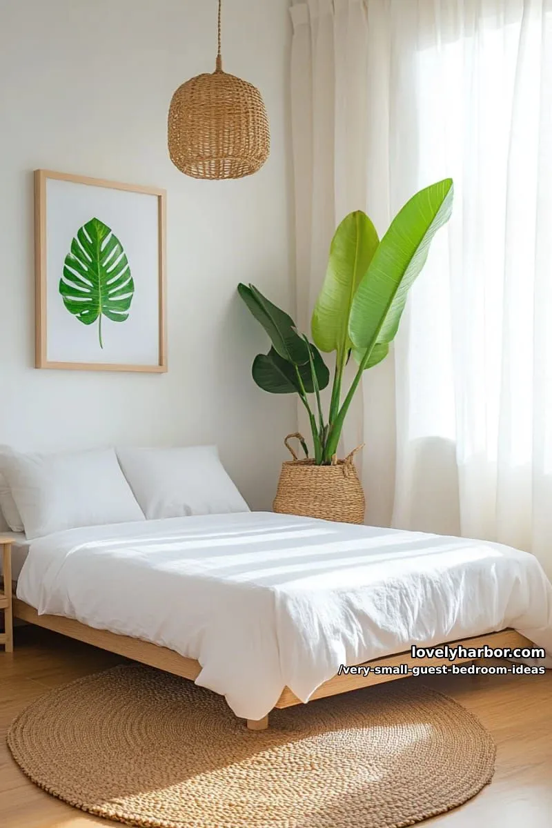19 Very Small Guest Bedroom Ideas For A Welcoming Retreat 6 soft neutral palette with large statement plant for airy relaxation 1