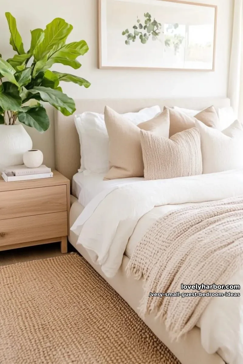 19 Very Small Guest Bedroom Ideas For A Welcoming Retreat 7 soft neutral palette with large statement plant for airy relaxation 1