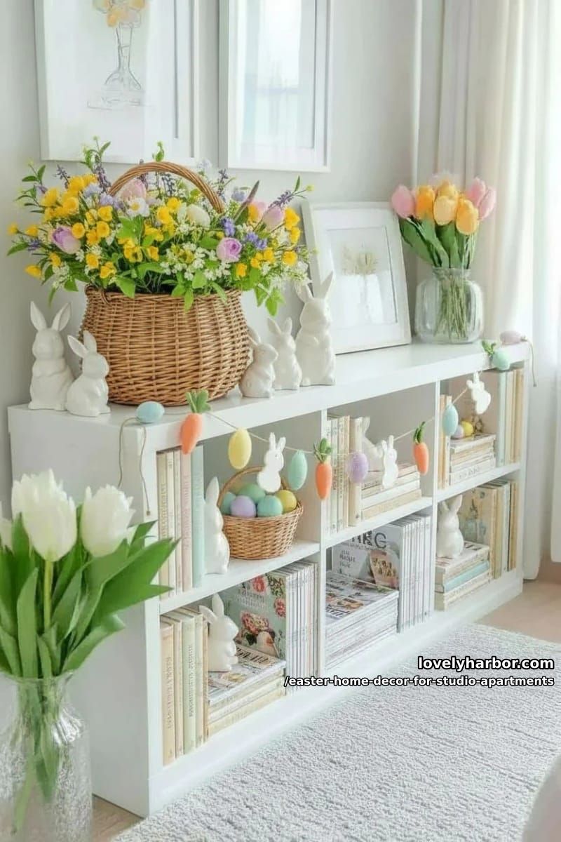 soft pastel garland draped across open shelving or bookcase 1