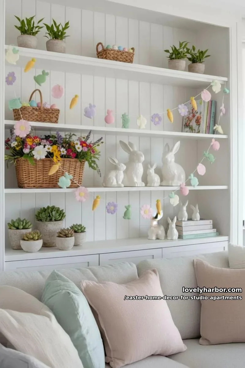 soft pastel garland draped across open shelving or bookcase 1