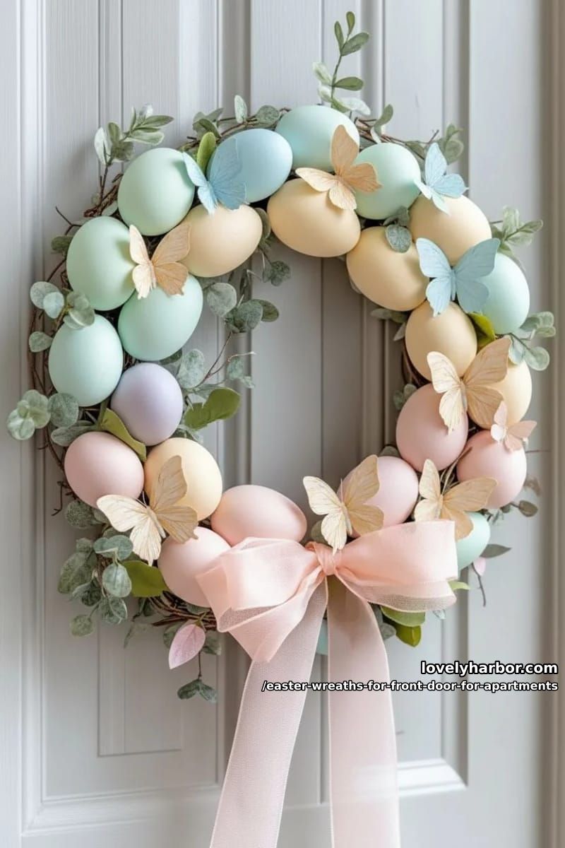 soft pastel ombre egg wreath with butterfly accents and greenery 1