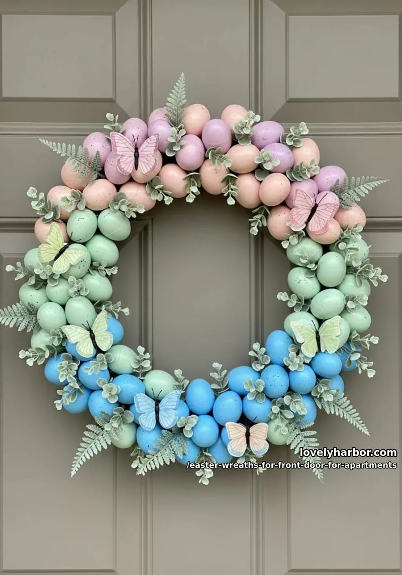 soft pastel ombre egg wreath with butterfly accents and greenery 1